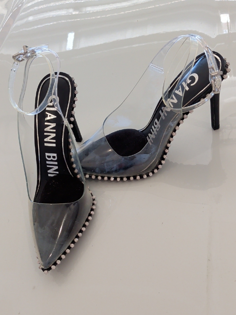 Gianni Bini "Findlay" Clear Rhinestone Trim Ankle Strap Pumps